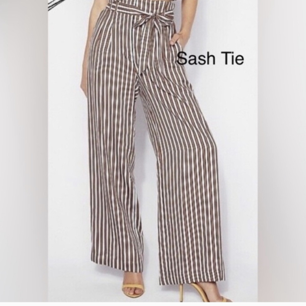 Express Wide Leg High Waisted Striped Pants with Sash Tie Brown, Black, & Pink